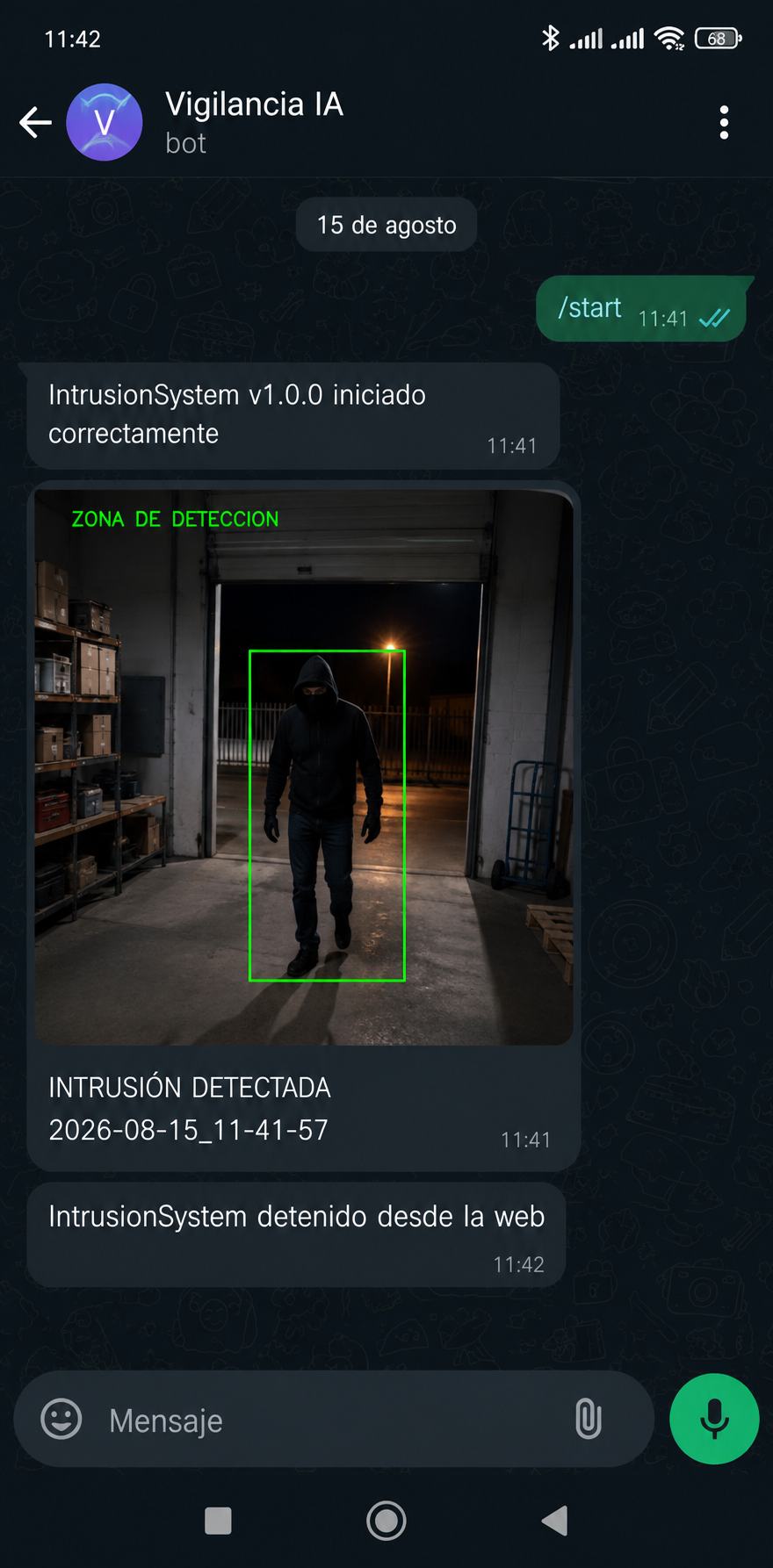 Alerta de IntrusionSystem IA enviada por Telegram